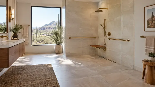 Elegant accessible bathroom with a curbless roll-in shower, a fold-down teak seat, matte brass grab bars that look like towel bars, and wide floor space