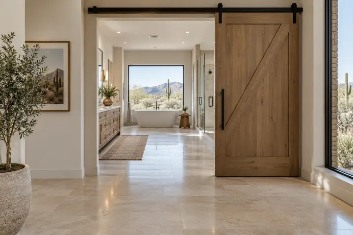 Wide bathroom entry with a barn-style sliding door and clear floor space