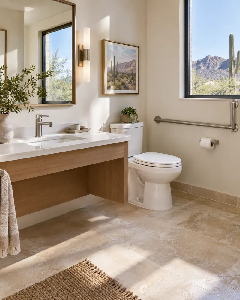 Bright accessible bathroom with a roll-under vanity, lever faucet and a stylish grab bar by the toilet
