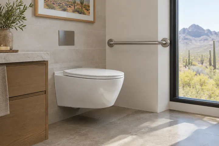 Wall-hung comfort-height toilet with a nearby grab bar in a modern bathroom