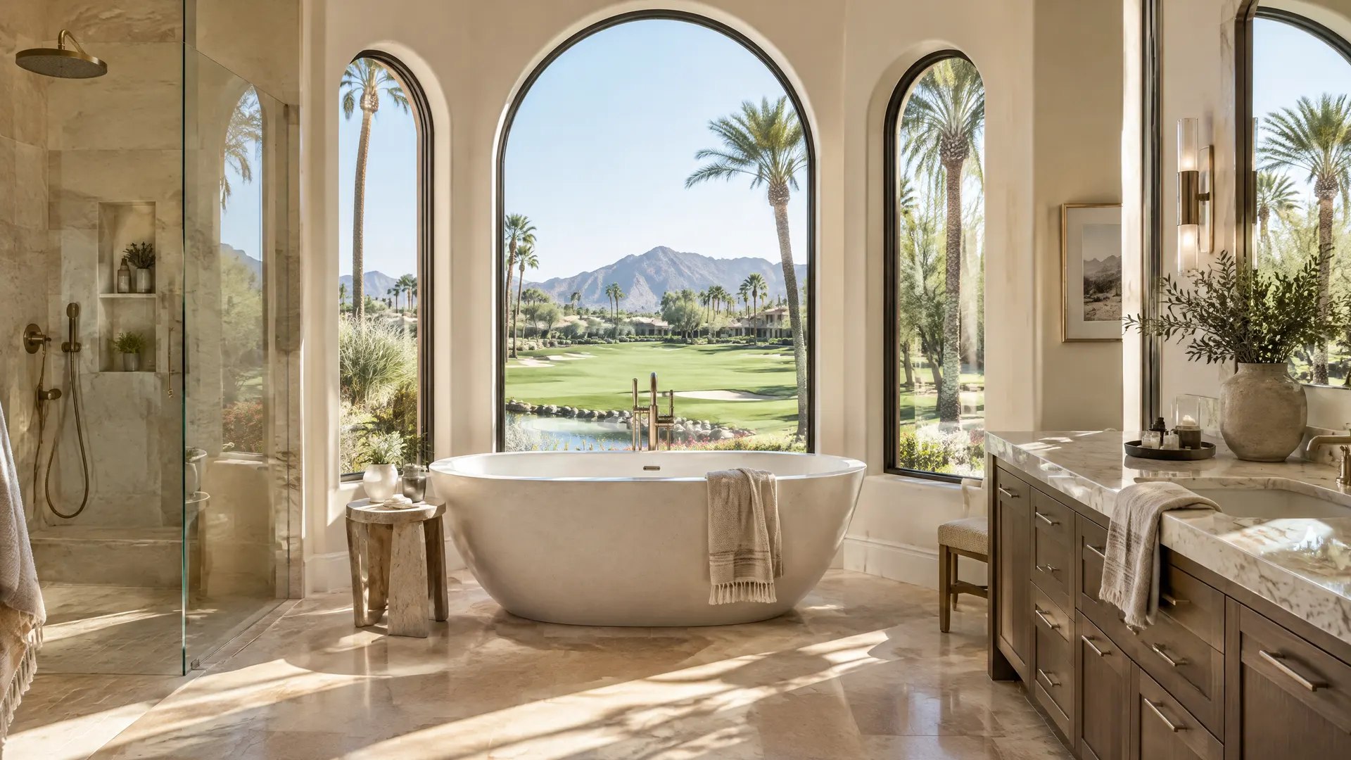 Luxury bathroom in a Gainey Ranch, Scottsdale home with arched windows, a soaking tub and a view of golf course greens and palms