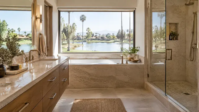 Updated bathroom in a 1970s-era single-story home in McCormick Ranch, Scottsdale, with a window looking out to a lake, a greenbelt and palm trees