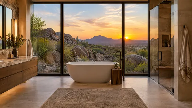Spacious North Scottsdale bathroom with a freestanding tub facing floor-to-ceiling windows, a boulder-filled desert landscape and mountains at sunset