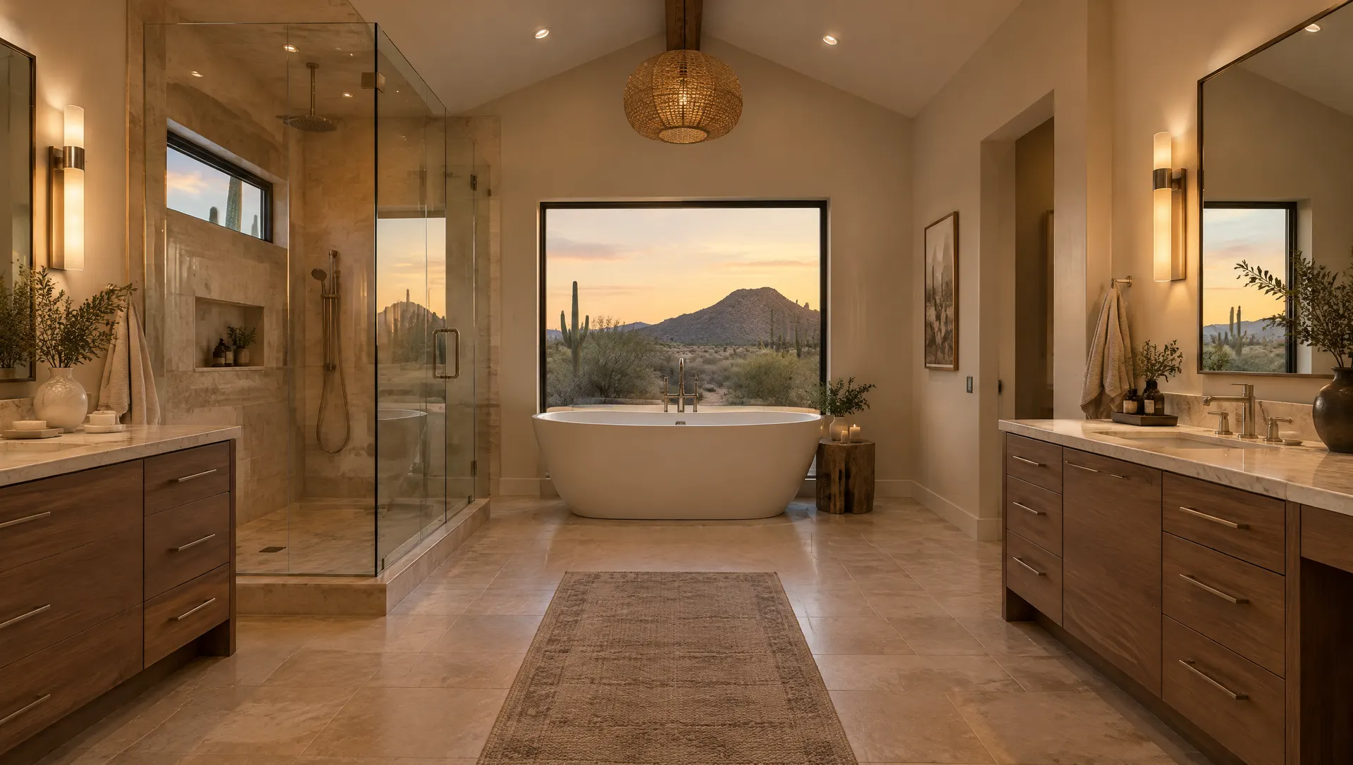 Fully remodeled primary bathroom in a Scottsdale home with a vaulted ceiling, travertine-look tile, a glass-enclosed shower, a freestanding tub and two separate vanities, soft evening light