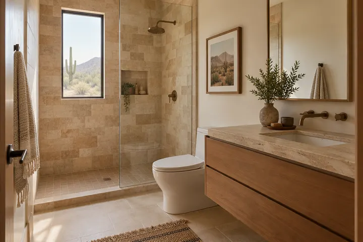 Small casita guest bathroom with a walk-in shower, a floating vanity and desert-tone tile