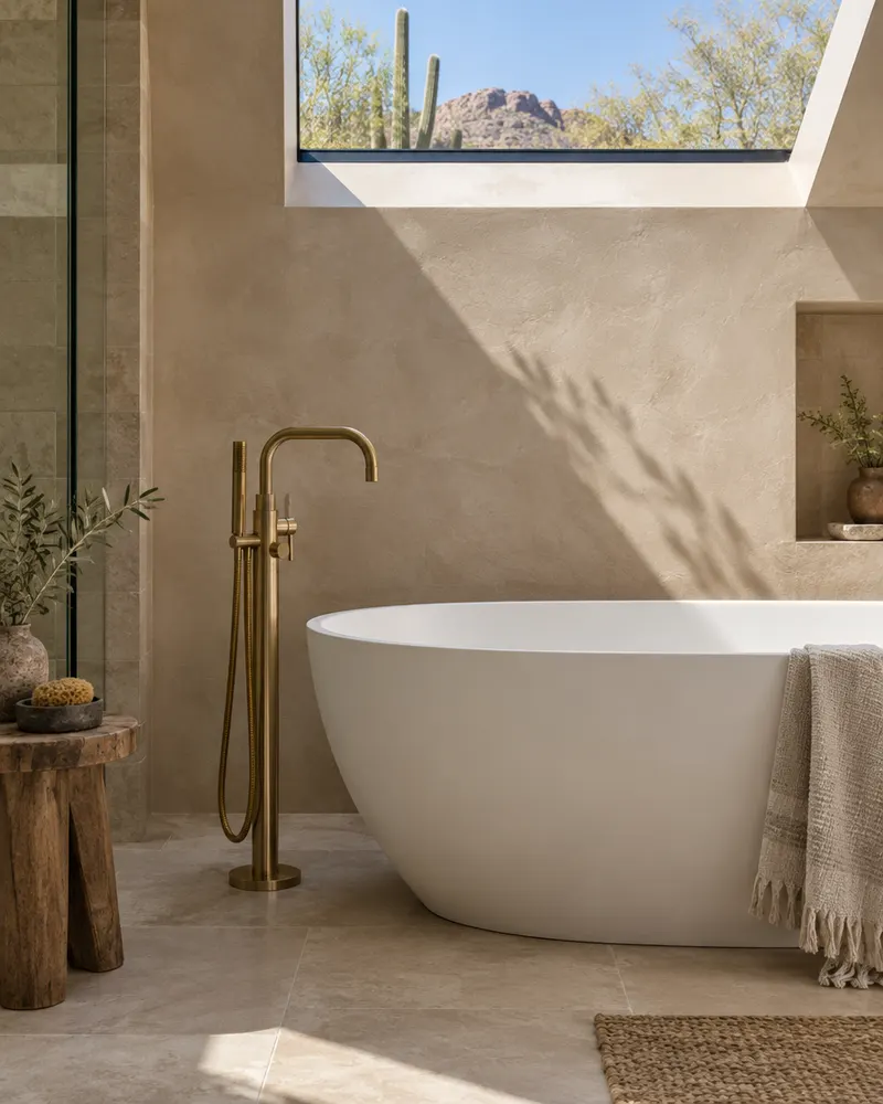 Remodeled bathroom detail: freestanding tub, floor-mounted brass tub filler and a plaster-finish wall under a skylight