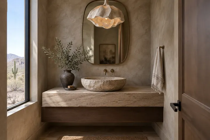 Elegant powder room with a stone vessel sink, a textured wall finish and a sculptural pendant light