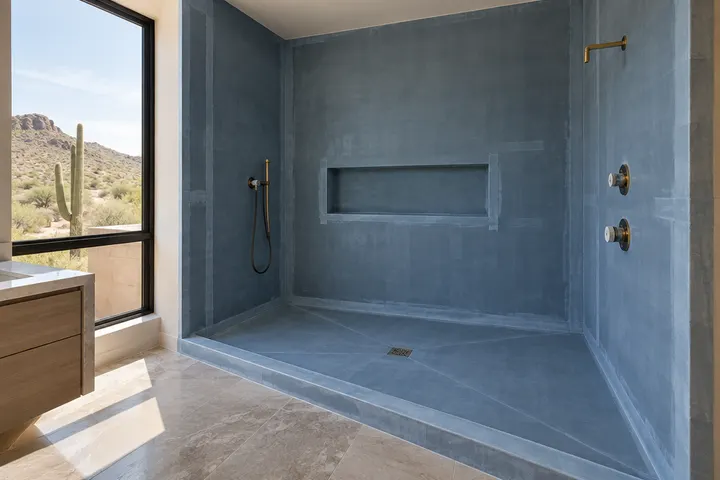 Large shower area covered in waterproofing membrane with sloped floor and valves installed, ready for tile