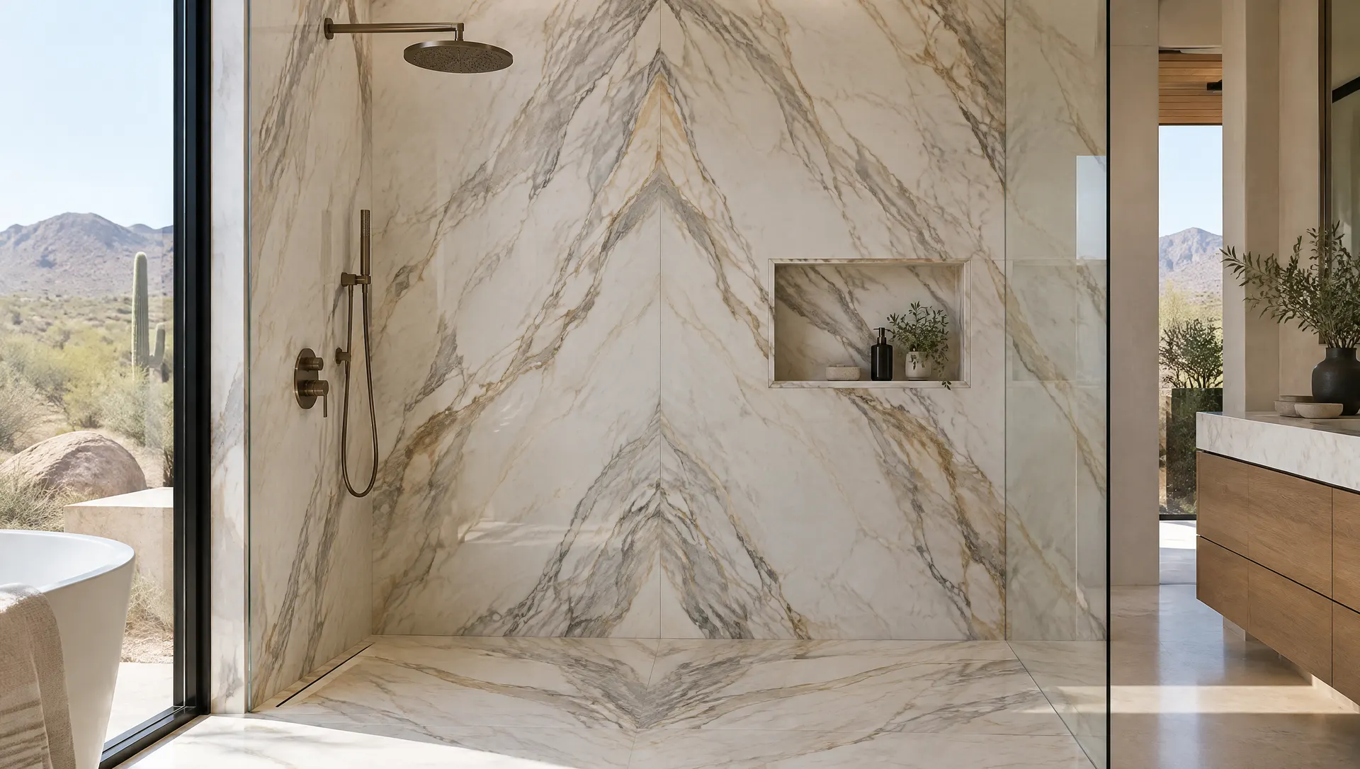 Floor-to-ceiling book-matched marble-look porcelain slabs on a shower wall with a mitered niche and a matching floor, clean grout-free look