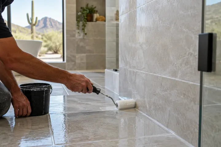Tile setter's hands applying grout sealer to new bathroom tile