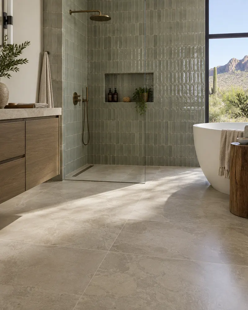 Large-format stone-look porcelain floor tile meeting a vertical stacked zellige wall in a remodeled bathroom