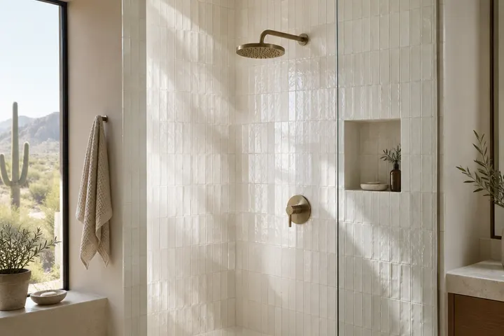 Floor-to-ceiling handmade-look white tile on a shower wall with soft light