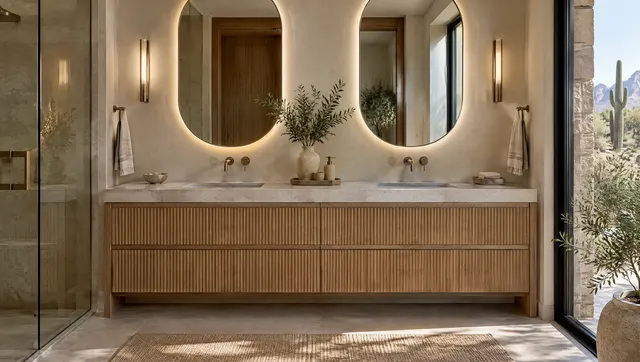 Custom white oak double vanity with fluted drawer fronts, a honed quartzite top, integrated sinks, wall-mounted faucets and backlit oval mirrors