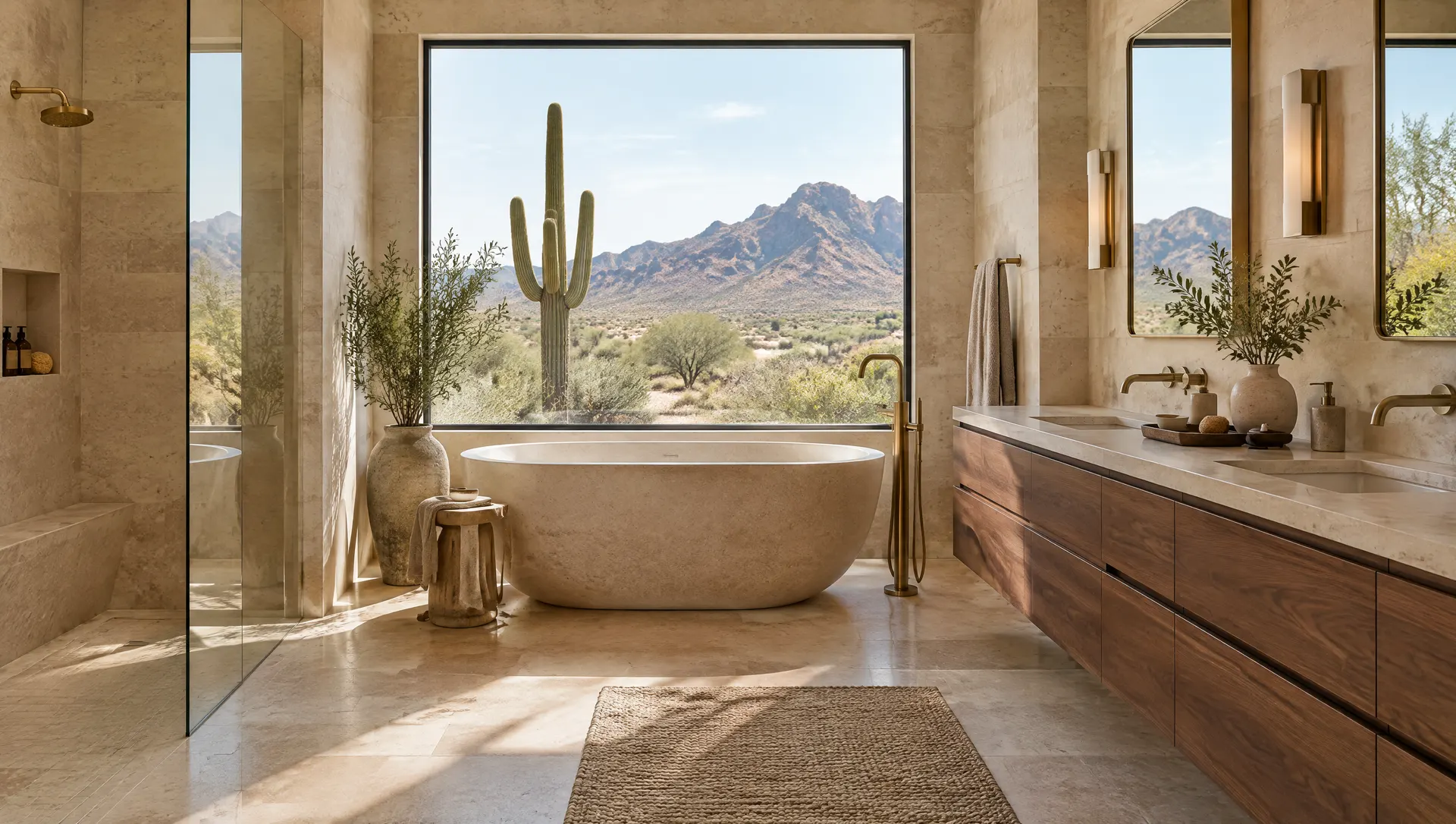 Spa-style primary bathroom with a freestanding stone-look soaking tub beneath a large window framing a saguaro and desert mountains, warm limestone-look porcelain walls, a long floating walnut double vanity and brushed brass fixtures