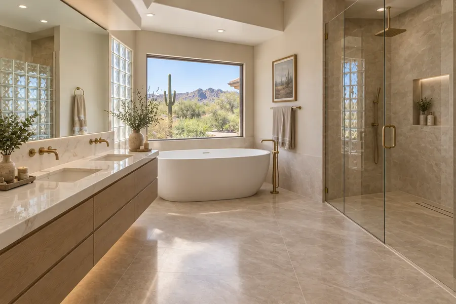 The same Scottsdale primary bathroom after a remodel: jetted tub replaced by a large glass walk-in shower, freestanding tub, floating double vanity and large-format stone-look tile