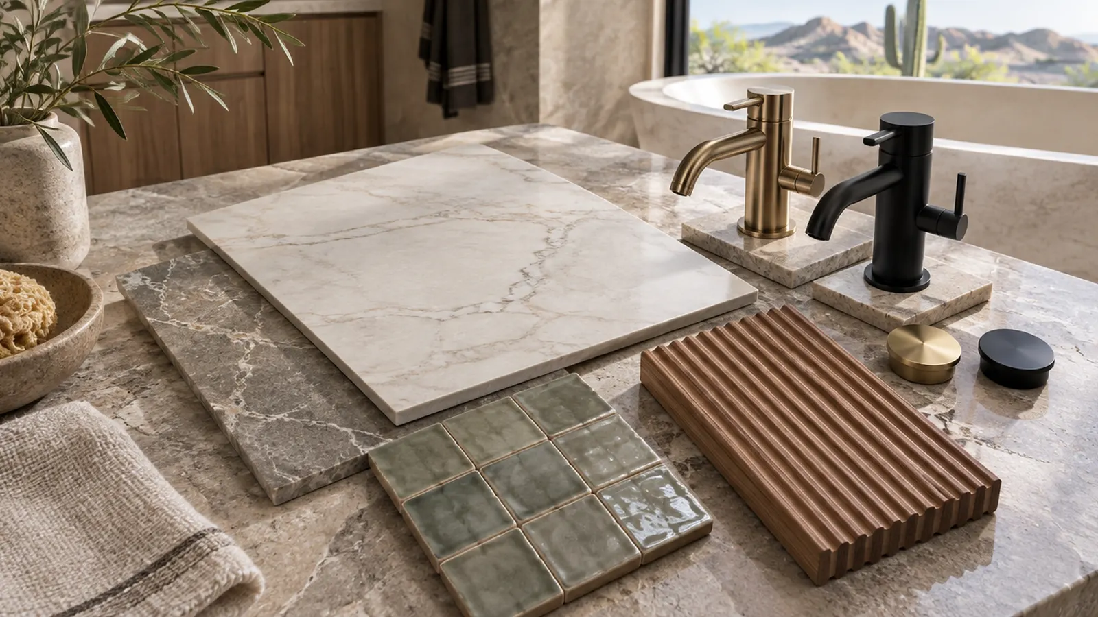 Designer bathroom material board on a stone counter: large porcelain slab samples, zellige tile, fluted wood vanity sample, brass and matte black faucet finishes