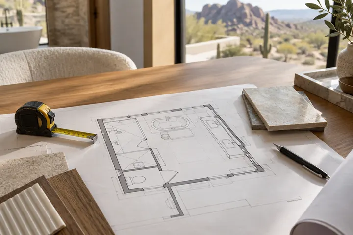Architect's bathroom plan drawing with a tape measure and tile sample on a drafting table, planning a primary suite layout