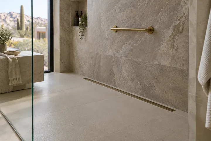 Textured matte porcelain shower floor with a linear drain and a discreet brass grab bar on a stone-look wall