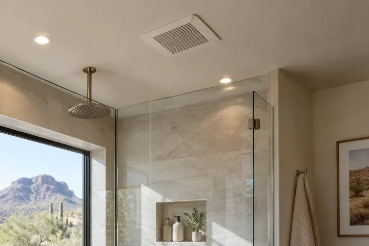 Clean, quiet recessed bathroom exhaust fan in a smooth ceiling above a shower, with soft recessed lighting