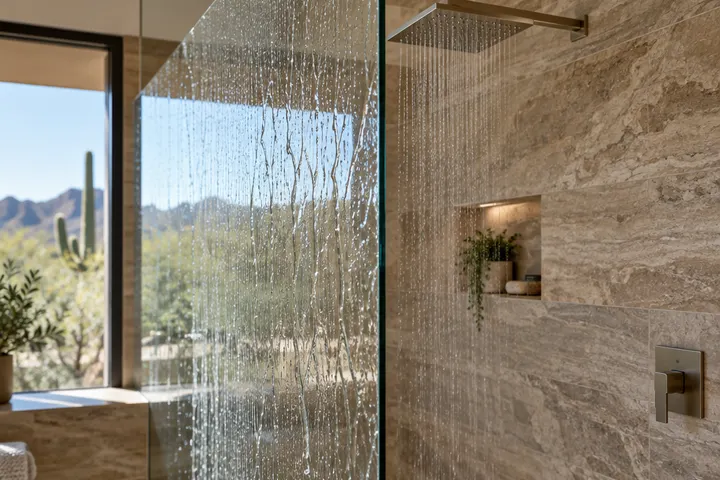 Close-up of frameless shower glass with water sheeting off cleanly over warm stone-look tile