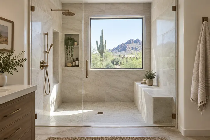 Finished walk-in shower in the former garden tub space with bench, niche and window