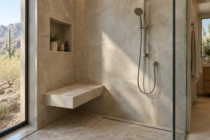 Floating stone bench in a walk-in shower with a handheld shower on a slide bar