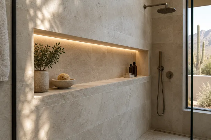 Long recessed shower niche with a stone shelf and a soft LED strip